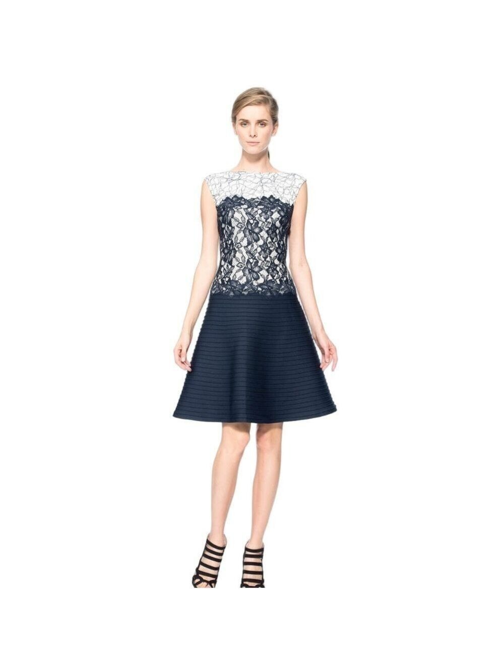 TADASHI SHOJI ‘Navy Notes’ Neoprene Pintuck A-Line Dress Size 6 *DESIGNER*